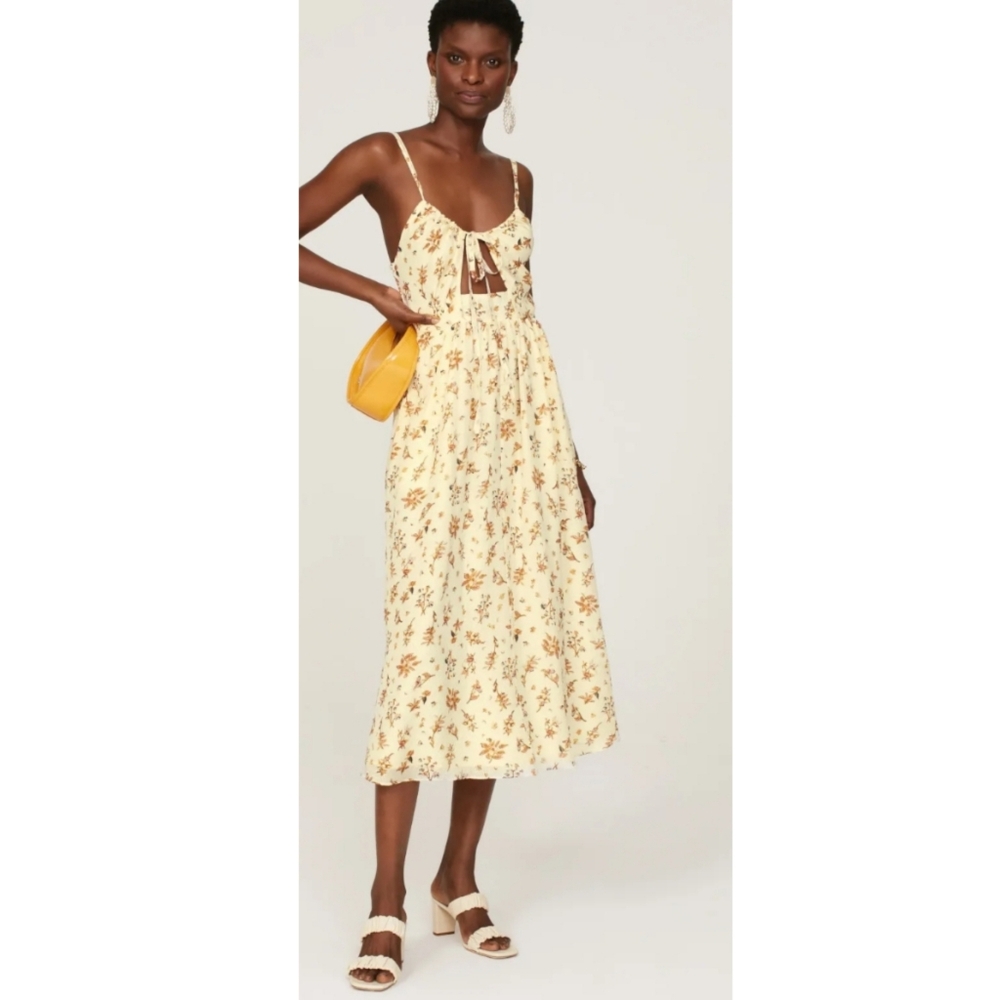 NWOT Madewell Soren Silk Floral Cutout Tie Front Smocked Midi Sundress